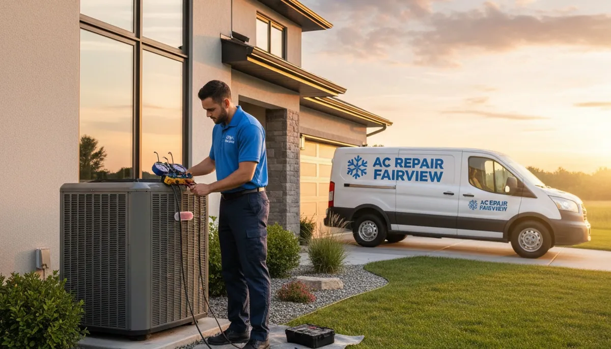 Professional AC repair technician servicing residential air conditioner in Portland, OR