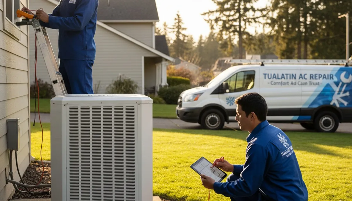 Professional AC repair technician servicing air conditioner unit in Portland, OR